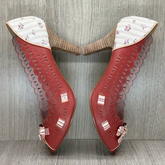 Kenzie Shoes Womens 9M Harvest Laser-Cut Peep Toe High Heel Pumps Leather Red - Picture 8 of 12